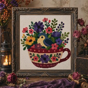 Puede incluir: Un bordado en punto de cruz enmarcado que muestra un pájaro azul dentro de una taza de té granate llena de flores coloridas. La taza está decorada con un patrón floral en tonos morados, rosas y verdes sobre un fondo de tela clara.
