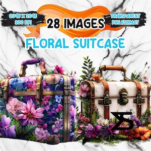 Image PNG de valise florale aquarelle sur fond transparent, sticker numérique/Scrappbooking, usage commercial, téléchargement numérique instantané
