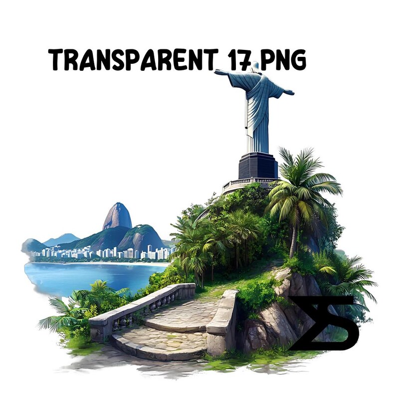May include: A stone pathway leads up to a statue of Christ the Redeemer, overlooking a city and a bay. Lush green foliage surrounds the statue and pathway, creating a tropical scene.