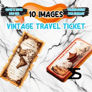 Watercolor Vintage Travel Ticket PNG Image on transparent background, digital Sticker/Scrappbooking, commercial use,