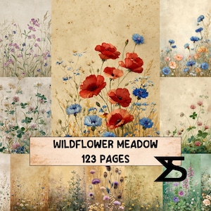 Könnte beinhalten: Eine Collage von Aquarellillustrationen mit Wildblumen. Das zentrale Bild zeigt leuchtend rote Mohnblumen und blaue Kornblumen. Der Text "WILDFLOWER MEADOW 123 PAGES" ist auf einem Banner zu sehen.