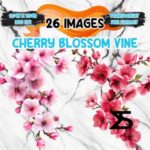 Peut inclure: Image numérique de vignes de fleurs de cerisier roses sur fond de marbre blanc. Le texte comprend "26 Images" et "Cherry Blossom Vine". L'image est au format PNG transparent.