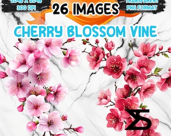 Watercolor Cherry Blossom Vine PNG Image on transparent background, digital Sticker/Scrappbooking, commercial use, instant digital download
