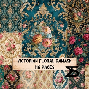 Op de afbeelding: Een verzameling Victoriaanse bloemen damastpatronen in verschillende kleuren, waaronder teal, goud, roze en crème. De afbeelding toont een verscheidenheid aan bloemen- en sierontwerpen, met de tekst "VICTORIAN FLORAL DAMASK" en "116 PAGES".