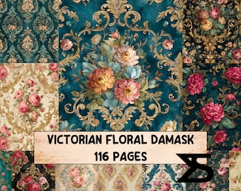 Victoriaans bloemendamast1 vintage junk journal kit afdrukbare papieren efemere tags labels collagevellen shabby chic damast texturen pagina's