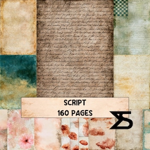 Könnte beinhalten: Eine digitale Collage aus 160 Seiten mit Papiertexturen im Vintage-Stil, handschriftlicher Kursivschrift, linierten Papieren, Aquarellwaschungen in Petrol, Rosa und Braun sowie Blumenmotiven. Ein zentrales Banner zeigt den Text SCRIPT 160 PAGES.
