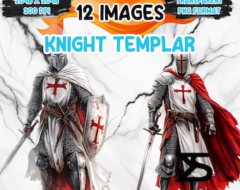 May include: A digital illustration of a knight templar wearing white armor with a red cross on his chest and a red cape. He is holding a sword and shield with a red cross. The background is a white marble texture.