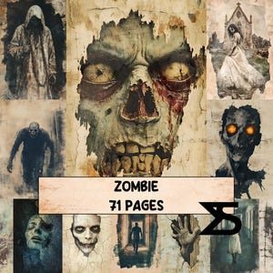 Peut inclure: Un collage d'illustrations sur le thème des zombies. L'image centrale est un gros plan d'un visage de zombie en décomposition. D'autres images incluent un zombie en cape à capuche, une mariée zombie et le texte "ZOMBIE 71 PAGES".