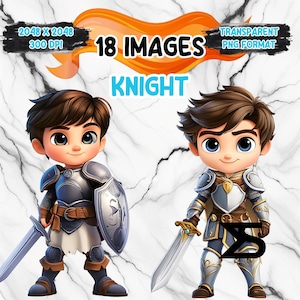 18 Desenhos animados em aquarela de cavaleiros fofos, pacote de clipart de cavaleiros, uso comercial, download digital, download instantâneo