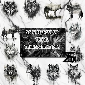 26 Tribal Wolf Clipart, Black and white,ink wolf, clipart bundle, commercial use, digital download, instant download