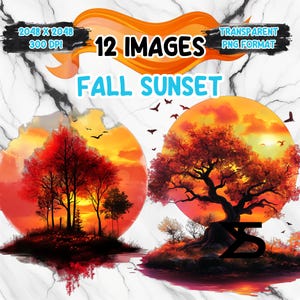 Könnte beinhalten: Digitales Kunstwerk mit zwei kreisförmigen Bildern von Herbstsonnenuntergängen mit Bäumen und Vögeln. Der Text "12 IMAGES" und "FALL SUNSET" wird angezeigt. Die Bilder liegen im transparenten PNG-Format mit einer Auflösung von 2048 x 2048 Pixeln bei 300 DPI vor.
