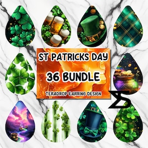 May include: A set of 10 teardrop-shaped earring designs featuring various St. Patrick's Day themes. The designs include shamrocks, gold coins, a leprechaun hat, and a pot of gold. The text "St. Patrick's Day 36 Bundle Terardrop Earring Design" is displayed on the image.