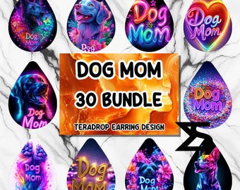 Könnte beinhalten: Eine Sammlung von neun tropfenförmigen Ohrringdesigns mit Hundeporträts und dem Text "Dog Mom". Die Designs zeigen leuchtende Farben, florale Akzente und die Wörter "Proud" und "Dog". Das zentrale Bild lautet "DOG MOM 30 BUNDLE TERADROP EARRING DESIGN."