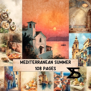 Pode incluir: Uma colagem de pinturas em aquarela com tema mediterrâneo. A imagem central retrata um edifício branco à beira-mar ao pôr do sol. O texto diz "Mediterranean Summer 108 Pages". Outras imagens mostram comida, edifícios e barcos.