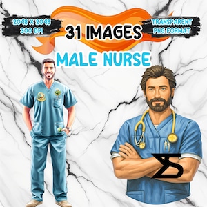 Peut inclure: Illustration numérique de deux infirmiers en blouse bleue. L'image comprend le texte "31 IMAGES" et "MALE NURSE". L'arrière-plan est un motif marbré. L'image est au format PNG transparent.
