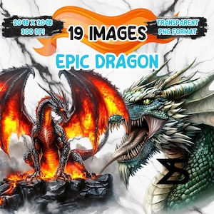 May include: Two dragons, one red and one green, with flames and smoke. The red dragon is standing on a rock with its wings spread out. The green dragon is flying with its mouth open and its tongue sticking out. The text "19 IMAGES EPIC DRAGON" is at the top of the image.