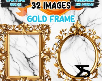 May include: Gold frame digital images. The image features a square and a circular gold frame with ornate detailing. The text on the image says "32 Images" and "Gold Frame". The background is a white marble pattern.