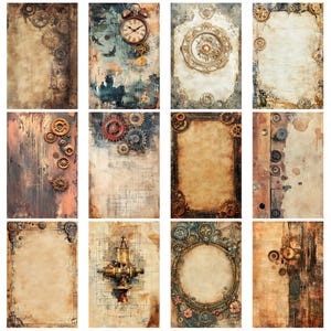 Op de afbeelding: Een verzameling digitale kunstprints met steampunk-thema. Elke print heeft een vintage, verouderde papieren achtergrond met ingewikkelde tandwielen, klokken en mechanische elementen in bruin, koper en goud. De ontwerpen roepen een retro-futuristische esthetiek op.
