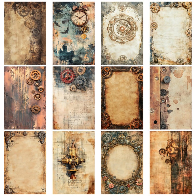 Op de afbeelding: Een verzameling digitale kunstprints met steampunk-thema. Elke print heeft een vintage, verouderde papieren achtergrond met ingewikkelde tandwielen, klokken en mechanische elementen in bruin, koper en goud. De ontwerpen roepen een retro-futuristische esthetiek op.