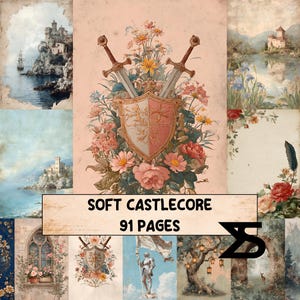 Könnte beinhalten: Eine Collage von Bildern im Vintage-Stil mit einer weichen, romantischen Ästhetik. Das zentrale Bild zeigt einen Schild, gekreuzte Schwerter und Blumen. Der Text lautet "SOFT CASTLECORE 91 PAGES". Weitere Bilder zeigen Burgen und Landschaften.