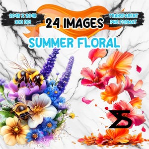 Watercolor Summer Floral PNG Image on transparent background, digital Sticker/Scrappbooking, commercial use, instant digital download