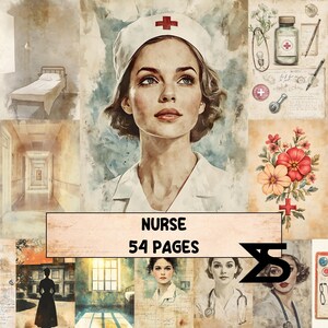 May include: A collage featuring a vintage-style illustration of a nurse in a white uniform and cap with a red cross. The image includes medical-themed elements, text that reads "NURSE 54 PAGES", and other related illustrations.