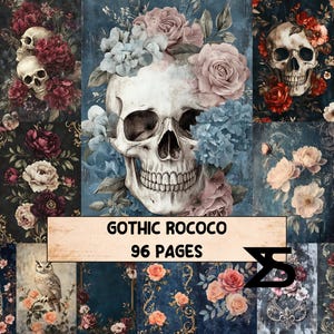 May include: A digital collage featuring a skull surrounded by roses and other flowers in shades of pink, blue, and red. The text "GOTHIC ROCOCO 96 PAGES" is displayed on a banner across the bottom.