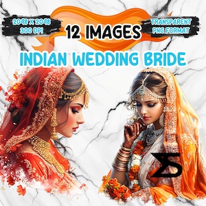Immagine PNG di una sposa indiana ad acquerello su sfondo trasparente, adesivo digitale/scrapbooking, uso commerciale, download digitale istantaneo