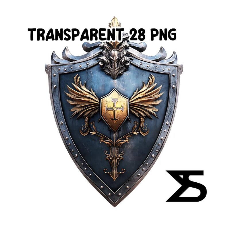 K&ouml;nnte beinhalten: Ein Schild mit blauem und goldenem Design. Das Schild hat ein zentrales Emblem mit einem Kreuz und Fl&uuml;geln. Der Text "TRANSPARENT 28 PNG" steht oben. Unten rechts befindet sich ein schwarzes Logo.