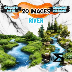 Könnte beinhalten: 20 Bilder von Flüssen und Wasserfällen in einer grünen Waldlandschaft. Die Bilder sind im PNG-Format und haben einen transparenten Hintergrund.