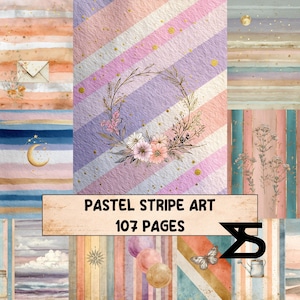 Pode incluir: Uma impressão de arte digital com vários designs de listras pastel. A imagem inclui uma coroa de flores, detalhes dourados e o texto "PASTEL STRIPE ART 107 PAGES". A paleta de cores inclui rosa, roxo, azul e dourado.