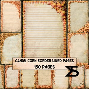 Könnte beinhalten: Eine Sammlung linierter Schreibpapierseiten mit dekorativen Rändern aus Zuckermais-Bonbons. Die Seiten haben eine gealterte Papiertextur. Ein zentrales rechteckiges Etikett zeigt den Text CANDY CORN BORDER LINED PAGES 150 PAGES.