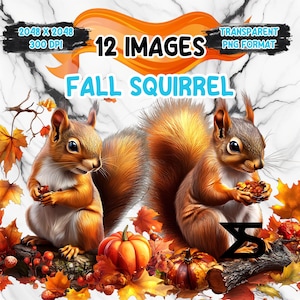 May include: Digital art featuring two squirrels with orange and brown fur, surrounded by fall leaves and pumpkins. The text "12 IMAGES" and "FALL SQUIRREL" is displayed. The image is in PNG format with a transparent background.