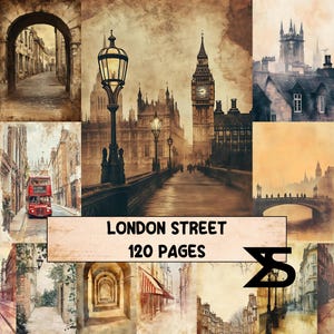 May include: A collage of watercolor paintings featuring London street scenes. The images include Big Ben, a red double-decker bus, and various architectural details. The text "LONDON STREET 120 PAGES" is displayed on a beige banner.