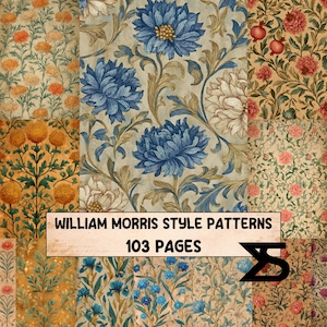 Könnte beinhalten: Eine Collage von Mustern im William-Morris-Stil. Die Muster zeigen florale Designs in Blau-, Orange- und Rottönen mit aufwendigen Details. Der Text "WILLIAM MORRIS STYLE PATTERNS 103 PAGES" wird auf einem Banner angezeigt.