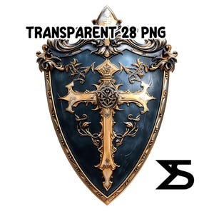K&ouml;nnte beinhalten: Ein Schild mit dunkelblauem Hintergrund und goldenen Akzenten. Das Schild hat ein goldenes Kreuz in der Mitte und aufwendige goldene Verzierungen. Der Text "TRANSPARENT 28 PNG" steht oben.