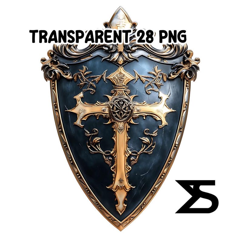 K&ouml;nnte beinhalten: Ein Schild mit dunkelblauem Hintergrund und goldenen Akzenten. Das Schild hat ein goldenes Kreuz in der Mitte und aufwendige goldene Verzierungen. Der Text "TRANSPARENT 28 PNG" steht oben.