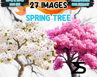May include: Two spring trees with white and pink blossoms. The trees are on a white marble background. 27 Images. Transparent PNG Format.
