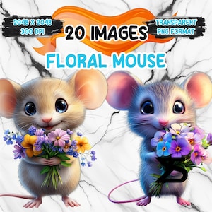 Watercolor Floral Mouse PNG Image with transparent background, Mouse Clipart bundle, commercial use, digital download, instant download