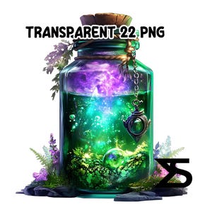 May include: A transparent glass bottle filled with a glowing green and purple liquid. The bottle has a cork stopper and is adorned with a decorative chain and charm. The text "TRANSPARENT 22 PNG" is at the top.