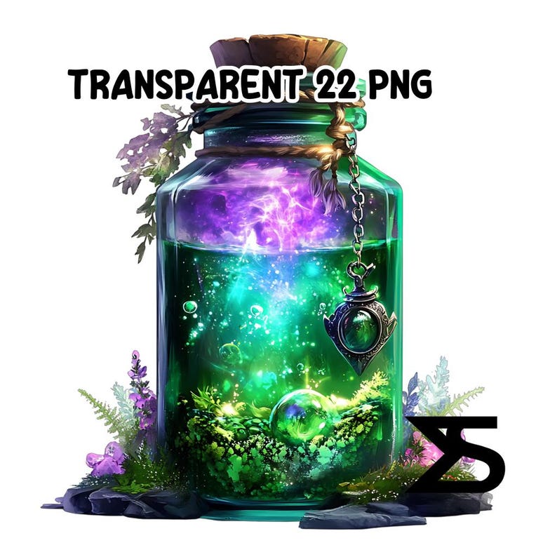 May include: A transparent glass bottle filled with a glowing green and purple liquid. The bottle has a cork stopper and is adorned with a decorative chain and charm. The text "TRANSPARENT 22 PNG" is at the top.
