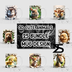 3D cute animal Sublimation mug wrap Design Bundle, 11 oz & 15 oz mug design, Instant Digital Download, Commercial Use