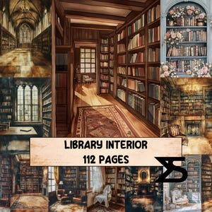 Puede incluir: Un collage de ilustraciones de interiores de bibliotecas. Las imágenes muestran varios entornos de bibliotecas con estanterías, ventanas y áreas de lectura. El texto "LIBRARY INTERIOR" y "112 PAGES" se muestra en una pancarta.