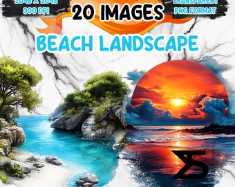Image PNG de paysage de plage aquarelle avec fond transparent, ensemble de cliparts plage, usage commercial, téléchargement numérique, téléchargement immédiat