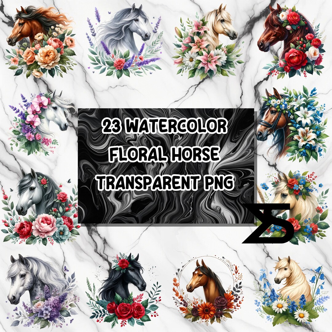 23 Floral Horses Clipart, Printable Watercolor Clipart Bundle ...