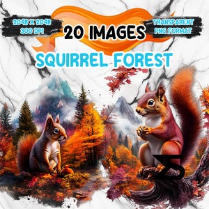 Image PNG de forêt d'écureuils aquarelle sur fond transparent, autocollant numérique/Scrappbooking, usage commercial, téléchargement numérique instantané