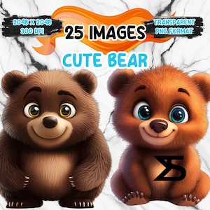 Lindo oso de dibujos animados de acuarela, paquete de imágenes prediseñadas de oso, uso comercial, descarga digital, descarga instantánea