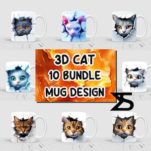 Lot de design d'emballage de mug sublimation chat 3D, design de tasse de 11 oz et 15 oz, téléchargement numérique instantané, usage commercial