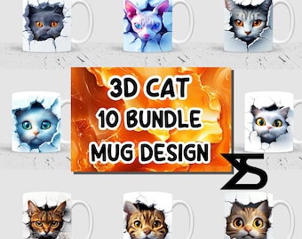 3D Cat Sublimation mug wrap Design Bundle, 11 oz & 15 oz mug design, Instant Digital Download, Commercial Use