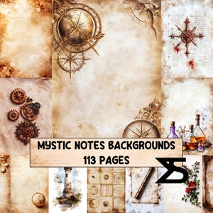 Könnte beinhalten: Eine Collage von Hintergründen im Vintage-Stil mit einer Pergamentpapier-Ästhetik. Das Bild zeigt Kompasse, Zahnräder und botanische Illustrationen. Der Text "MYSTIC NOTES BACKGROUNDS 113 PAGES" wird auf einem Banner angezeigt.